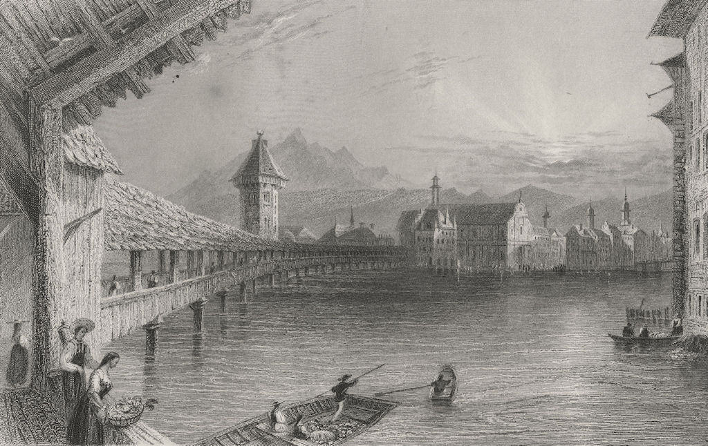 LUCERNE LUZERN.Hofbrucke (Kapellbrücke/Chapel Bridge) & Mt Pilatus.BARTLETT 1836